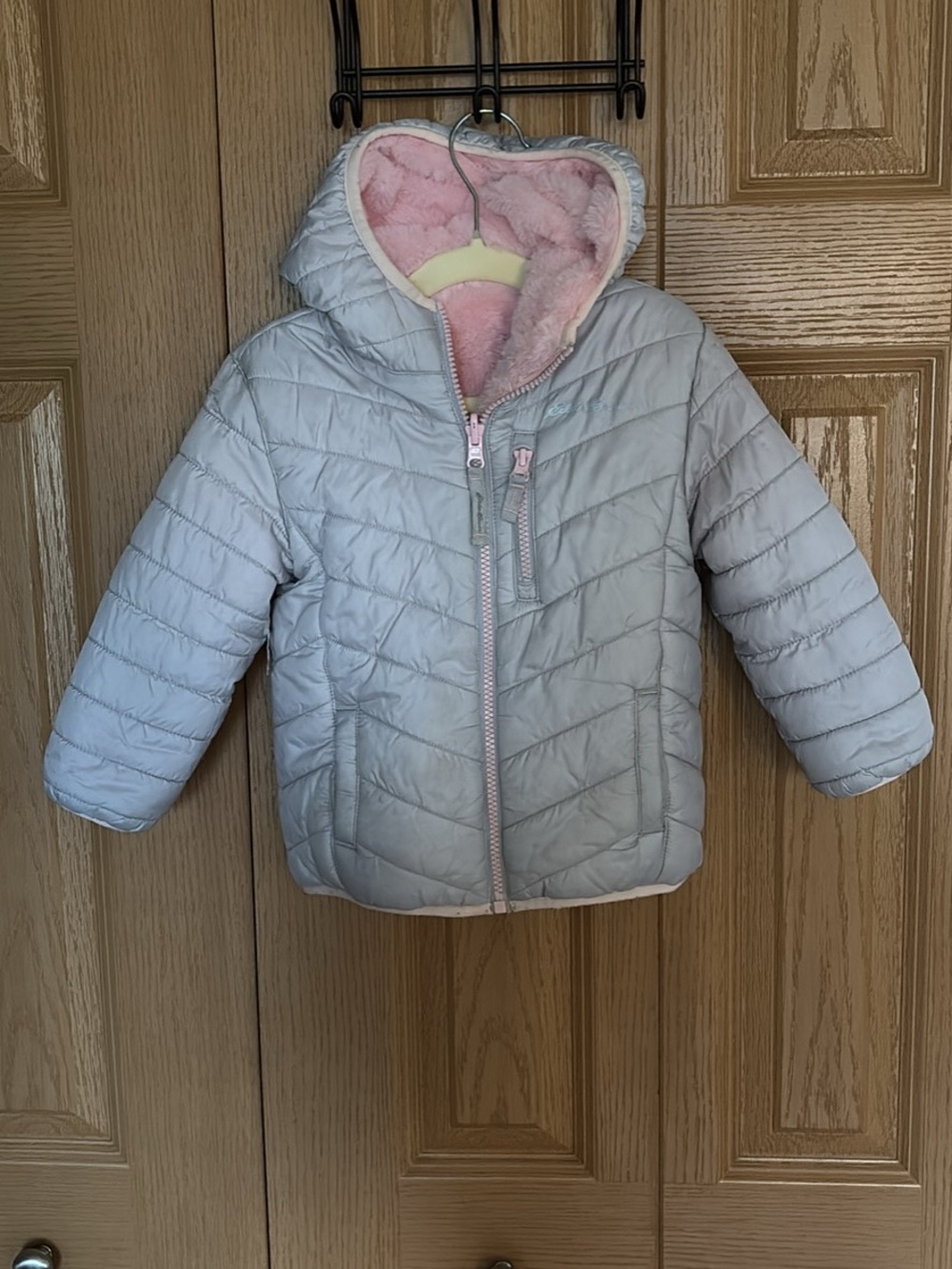 Eddie Bauer Light Gray Puffer Jacket with Pink Sherpa Hood